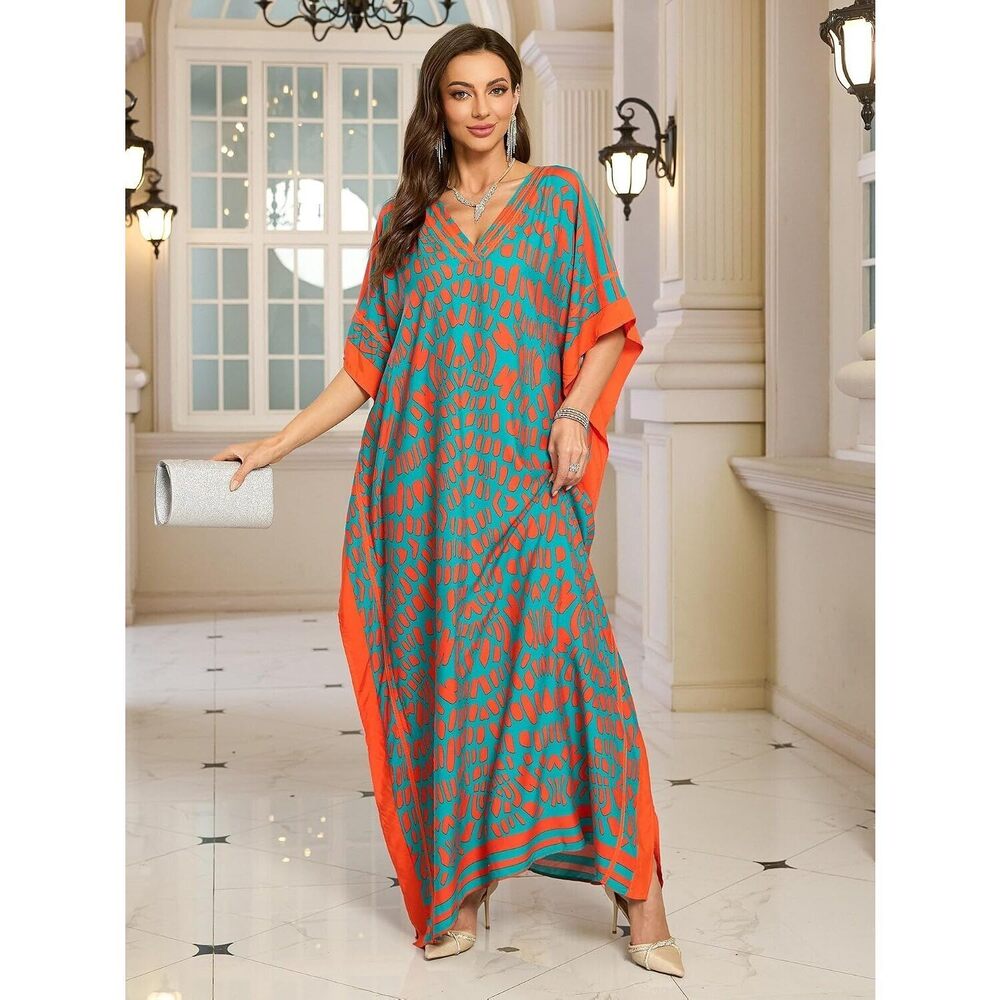 Kaftan Dresses for Women V Neck Batwing Sleeve Plus Size Caftans Swimwear - Picture 4 of 7